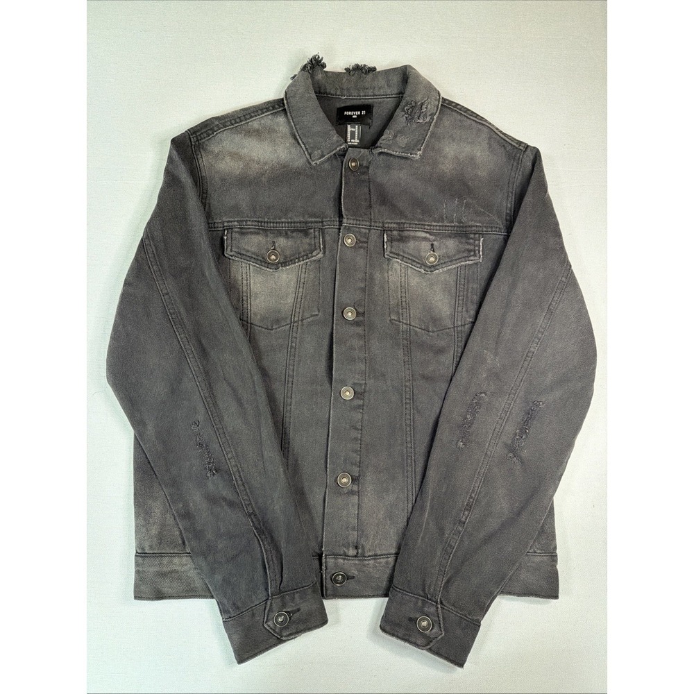 FOREVER 21 Mens Denim Trucker Jacket Black Size M Long Sleeve Distressed